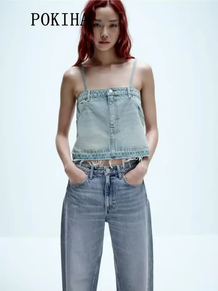 

Pokiha Модные женские джинсовые укороченные майки на тонких лямках винтажные сексуальные женские шикарные майки без рукавов