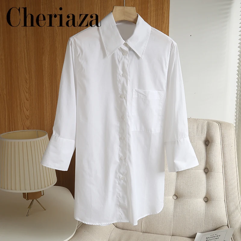 Cheriaza Autumn Woman White Seven Points Sleeve Basic Shirt Casual Simple Solid Solor Pocket Blouse Single-breasted Blusas Lady
Cheriaza Autumn Woman White Seven Points Sleeve Basic Shirt Casual Simple Solid Solor Pocket Blouse Single-breasted Blusas Lady