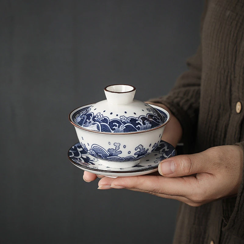 

Gaiwan-cuenco de té china, 130ml, Retro, azul y blanco, Infusor de té para el hogar, juego de de Color Underglaze a mano
