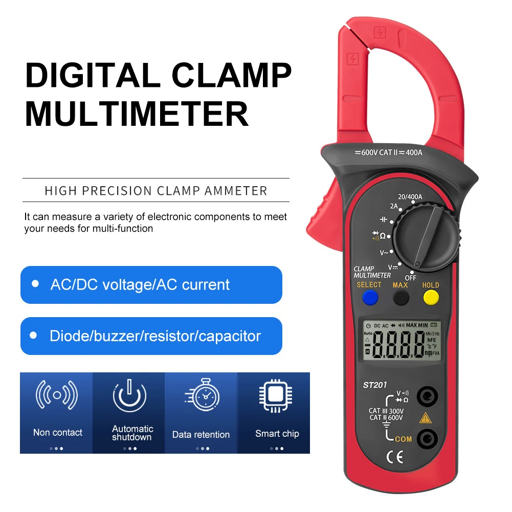 ST201 Digital Clamp Meter DC/AC Current 4000 Counts Multimeter Ammeter Voltage Tester Transistor Testers Voltmeter LCR meter
ST201 Digital Clamp Meter DC/AC Current 4000 Counts Multimeter Ammeter Voltage Tester Transistor Testers Voltmeter LCR meter