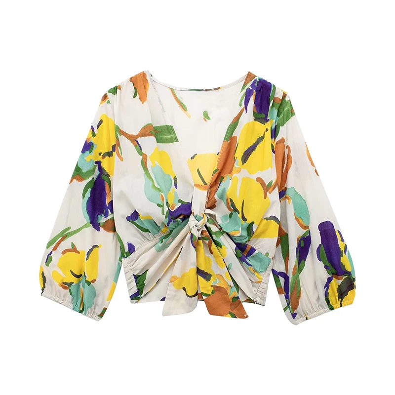 

YENKYE 2023 Women Front Knot Tropical Leaves Print Crop Blouse Vintage Puff Sleeve V Neck Female Holiday Summer Boho Tops