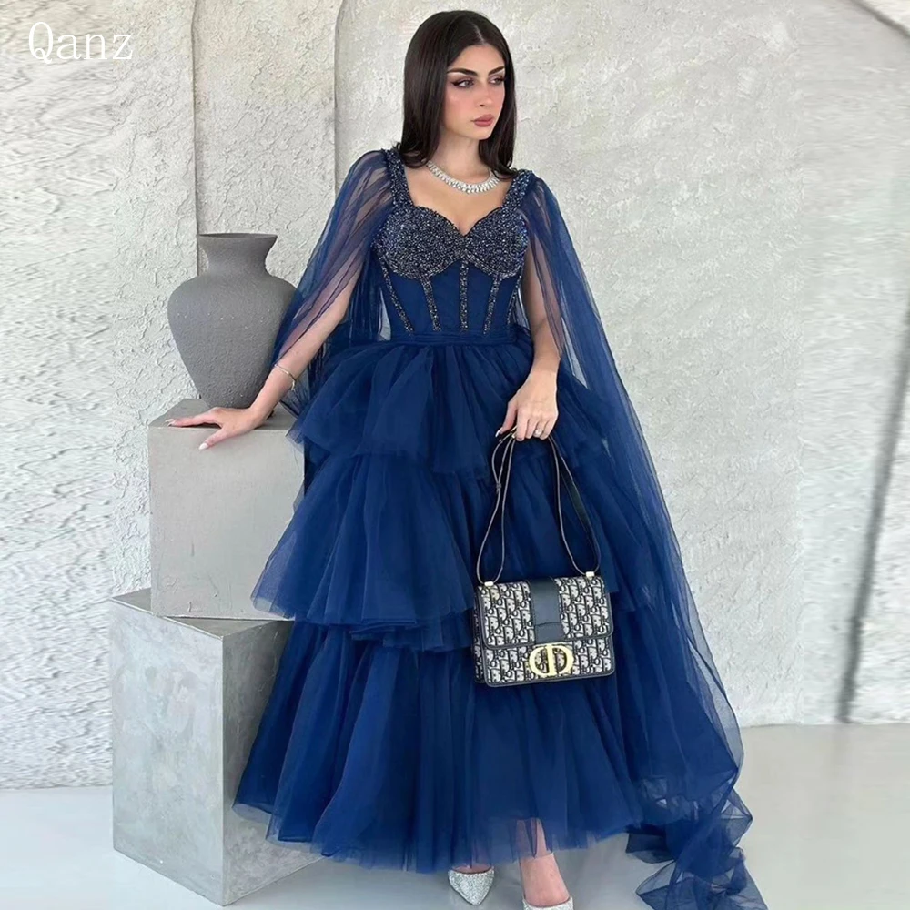 Qanz Sparkly Beaded Prom Dresses Spaghetti Straps With Cape A-Line Long Tiered Arabic Evening Gown Corset Celebrity Party Dress
Qanz Sparkly Beaded Prom Dresses Spaghetti Straps With Cape A-Line Long Tiered Arabic Evening Gown Corset Celebrity Party Dress