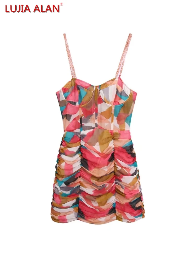 Summer Women Patchwork Printing Chain Decoration Sling Pleated Dress Female Slim Mini Vestidos LUJIA ALAN D9360
Summer Women Patchwork Printing Chain Decoration Sling Pleated Dress Female Slim Mini Vestidos LUJIA ALAN D9360