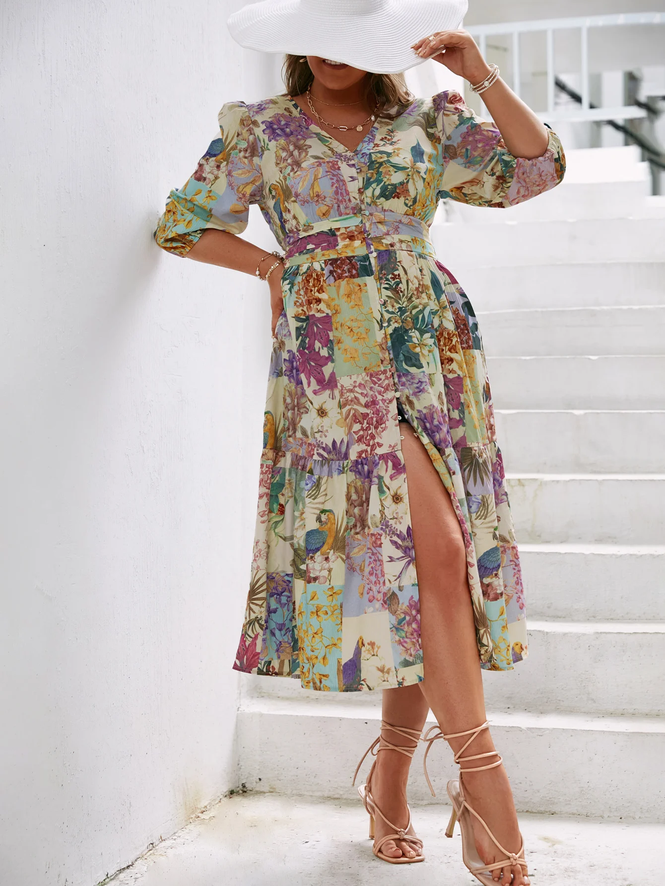 Plus Size Floral Print Lantern Sleeve Ruffle Hem Dress 
Plus Size Floral Print Lantern Sleeve Ruffle Hem Dress