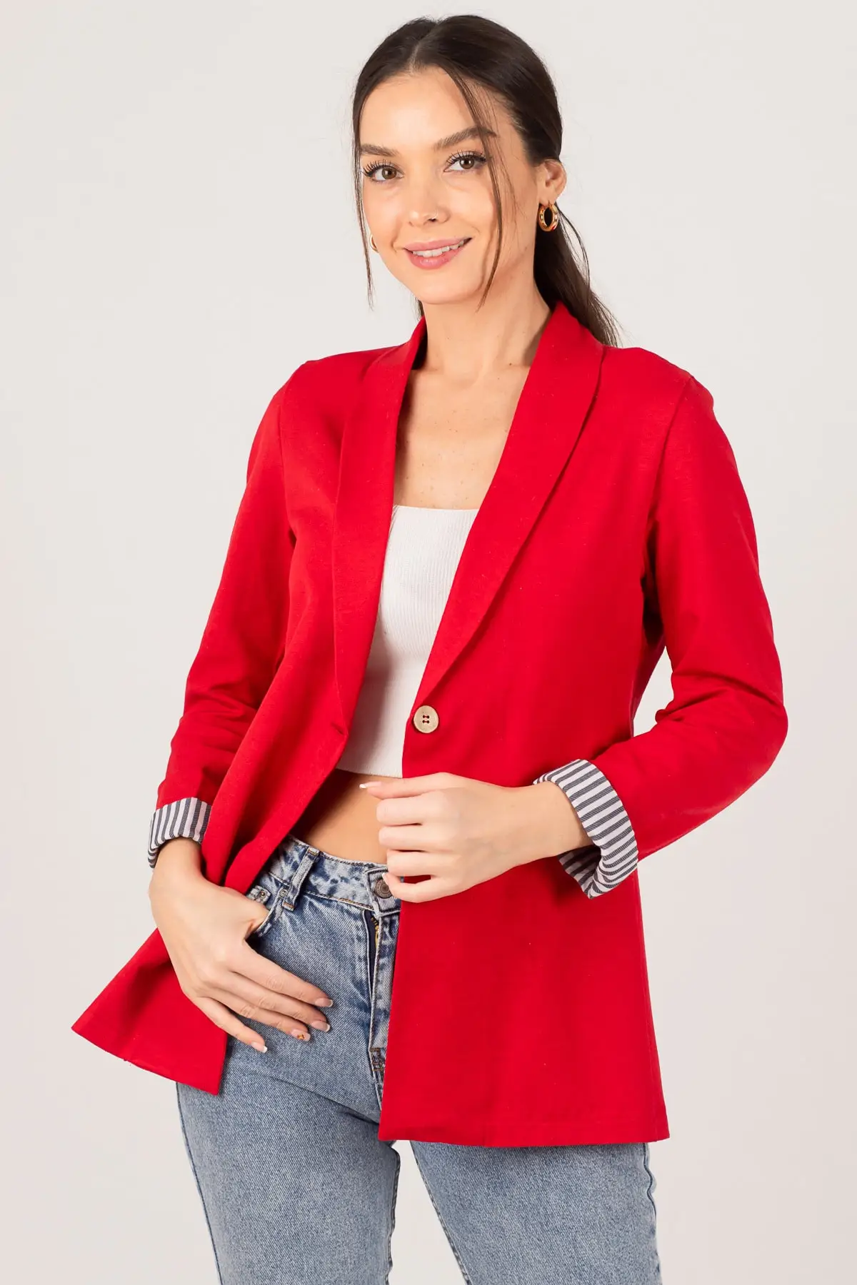 Women's Red Sleeve Striped Single Button Jacket ARM-22K001122 Plain Weave Regular Business Cotton
Women's Red Sleeve Striped Single Button Jacket ARM-22K001122 Plain Weave Regular Business Cotton
