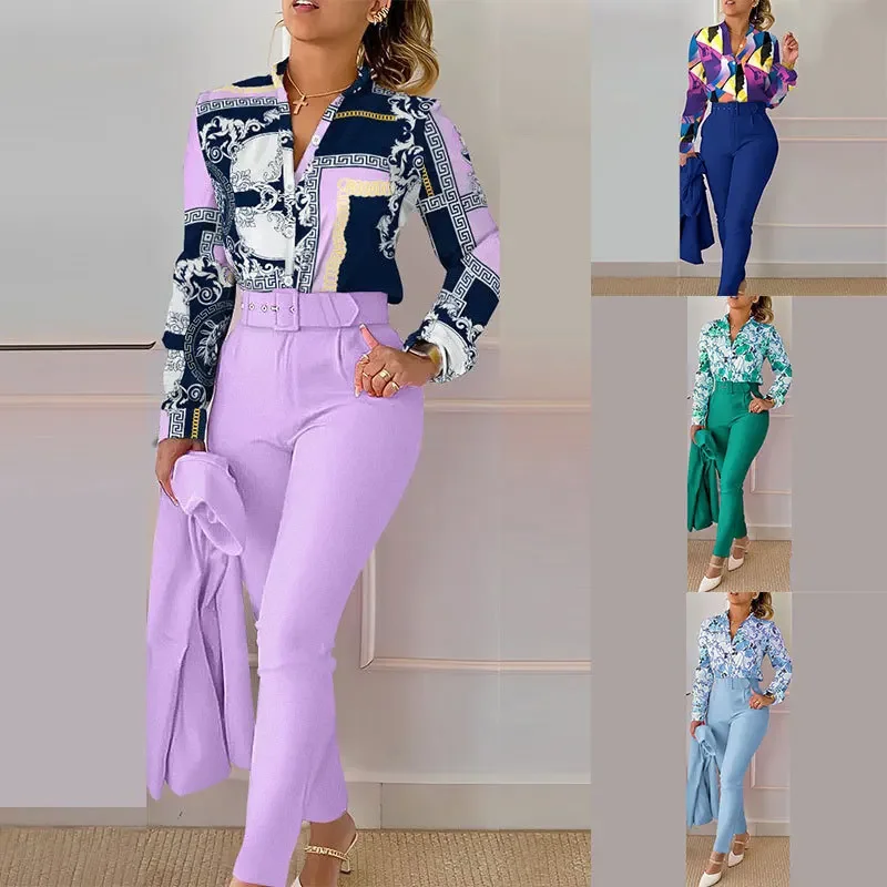 Long Sleeve Shirt Pants Suit Office Lady Elegant Turn Down Collar Floral Print Trousers Three Piece Set Women Outfit Autumn 
Long Sleeve Shirt Pants Suit Office Lady Elegant Turn Down Collar Floral Print Trousers Three Piece Set Women Outfit Autumn