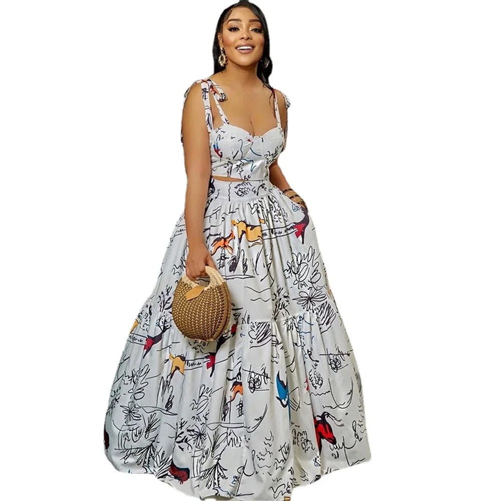 Two Piece Set Women's Print Sexy Sleeveless Top Elastic Waist Long Skirts Matching Set Fashion Swing A-Line Skirt Summer New
Two Piece Set Women's Print Sexy Sleeveless Top Elastic Waist Long Skirts Matching Set Fashion Swing A-Line Skirt Summer New