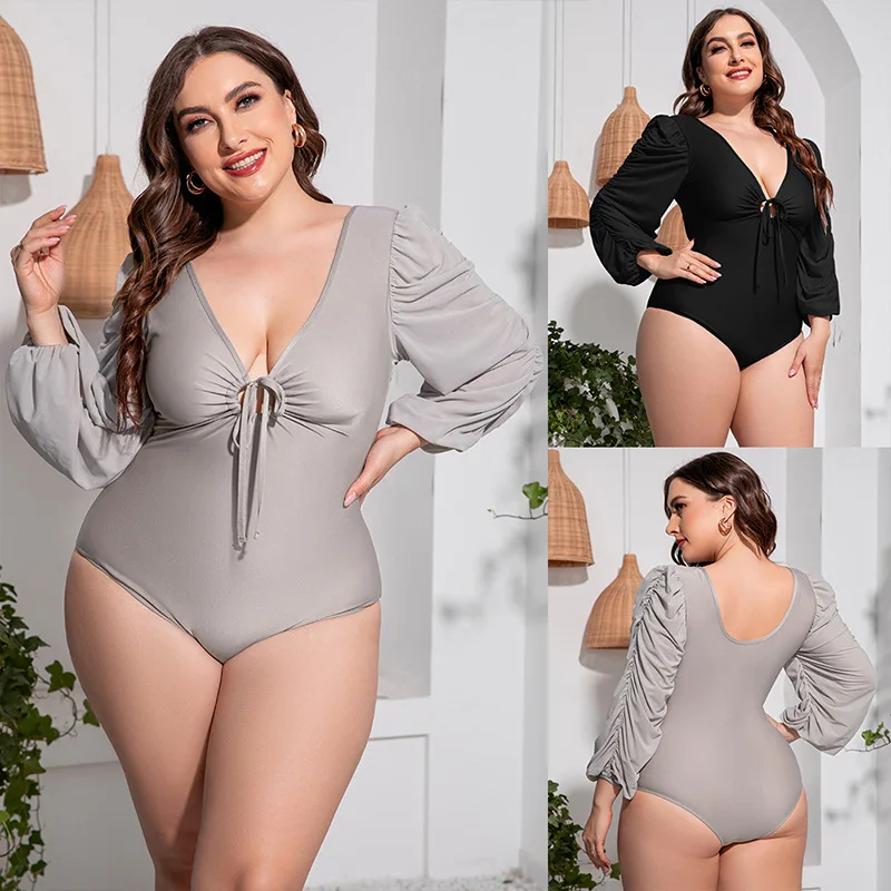 Plus Size Women Solid Swimsuit Modest Long Sleeve One-piece Suit Swimwear Shirring Beachwear Strap Cover Belly Bathing Suit 2023
Plus Size Women Solid Swimsuit Modest Long Sleeve One-piece Suit Swimwear Shirring Beachwear Strap Cover Belly Bathing Suit 2023
