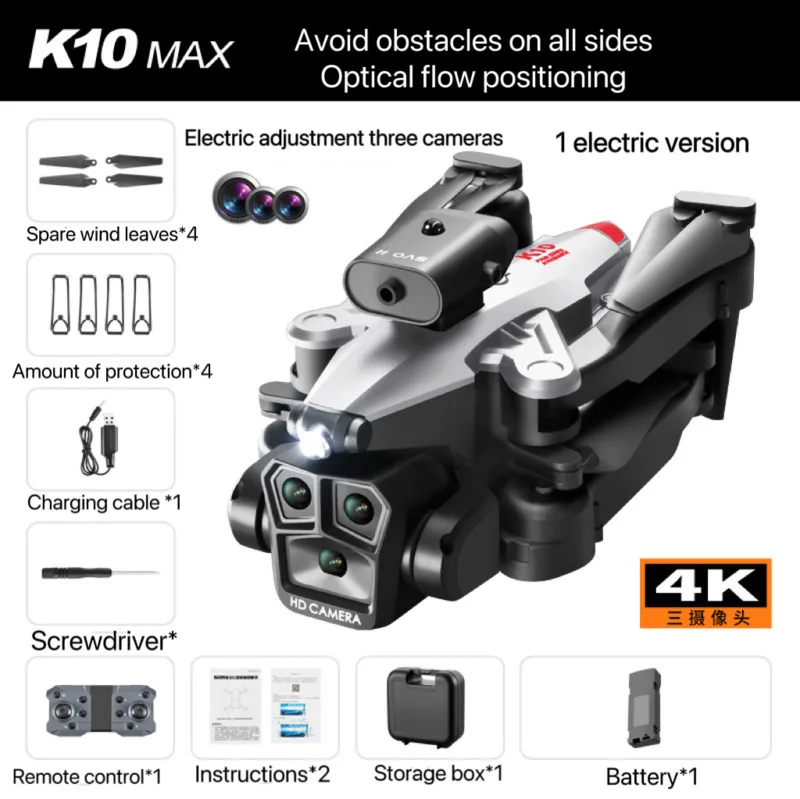K10MAX 4K HD 3 lens UAV 4-way Obstacle Avoidance Optical Flow Positioning Folding 4-axis RC Aircraft Long battery life 1 battery
K10MAX 4K HD 3 lens UAV 4-way Obstacle Avoidance Optical Flow Positioning Folding 4-axis RC Aircraft Long battery life 1 battery