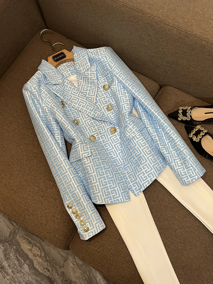 2022 Fashion Bright Geometric Pattern Double-breasted Long Sleeve Women Office Jacquard Fit Blazer Sky Blue
2022 Fashion Bright Geometric Pattern Double-breasted Long Sleeve Women Office Jacquard Fit Blazer Sky Blue