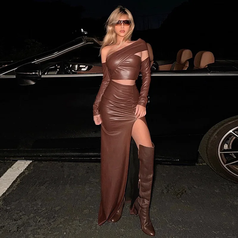 2023 New Maillard Solid Color PU Skirt Sets Sexy Irregularity Tops Two Piece Set Womens Outifits Elegant Slit Hottie Half Skirts
2023 New Maillard Solid Color PU Skirt Sets Sexy Irregularity Tops Two Piece Set Womens Outifits Elegant Slit Hottie Half Skirts