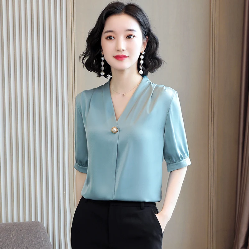 Рубашка COIGARSAM, женские топы, весна 2022, новые женские рубашки с коротким рукавом и V-образным вырезом, Прямая поставка 
Рубашка COIGARSAM, женские топы, весна 2022, новые женские рубашки с коротким рукавом и V-образным вырезом, Прямая поставка