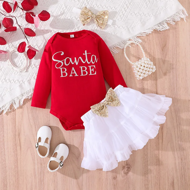 Children Christmas Long Sleeve Onesie Climbing Suit Baby Triangle Dress Net Gauze Skirt Scarf Three Pieces Sets for Little Girls
Children Christmas Long Sleeve Onesie Climbing Suit Baby Triangle Dress Net Gauze Skirt Scarf Three Pieces Sets for Little Girls