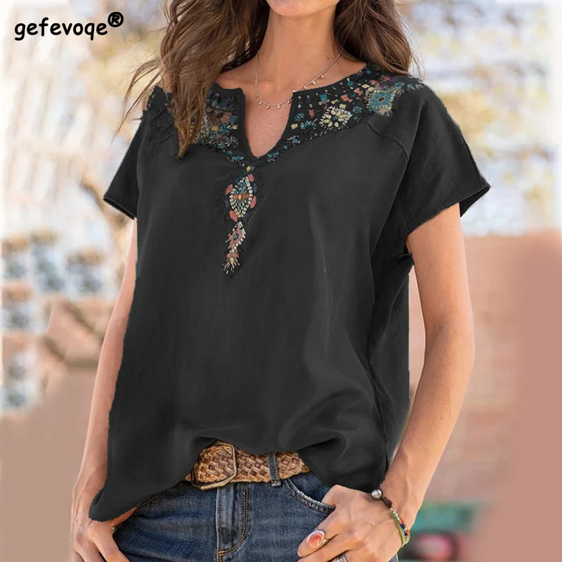 Lace Patchwork V-neck Women's Clothing Fashion Casual Summer Loose Tops Vintage Solid Color Comfortable Wild Popularity T-shirt
Lace Patchwork V-neck Women's Clothing Fashion Casual Summer Loose Tops Vintage Solid Color Comfortable Wild Popularity T-shirt