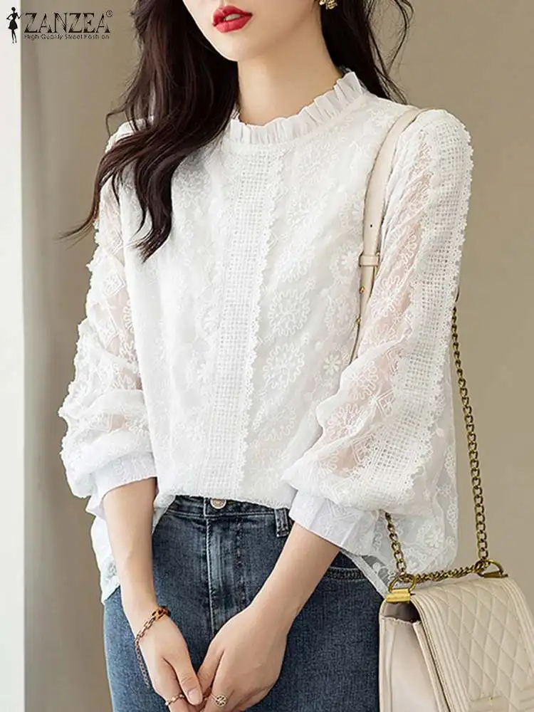 

ZANZEA Elagant Lace Insert Blouses Women 2023 Fashion Ruffle Collar Sheer White Shirts Summer Long Sleeve See-through Tunic Tops