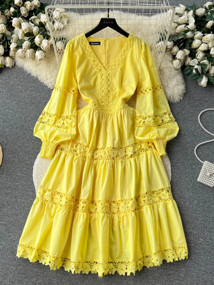 Женское кружевное платье с вышивкой, однотонное ажурное платье с длинным рукавом-фонариком и V-образным вырезом, летнее пляжное платье
Женское кружевное платье с вышивкой, однотонное ажурное платье с длинным рукавом-фонариком и V-образным вырезом, летнее пляжное платье