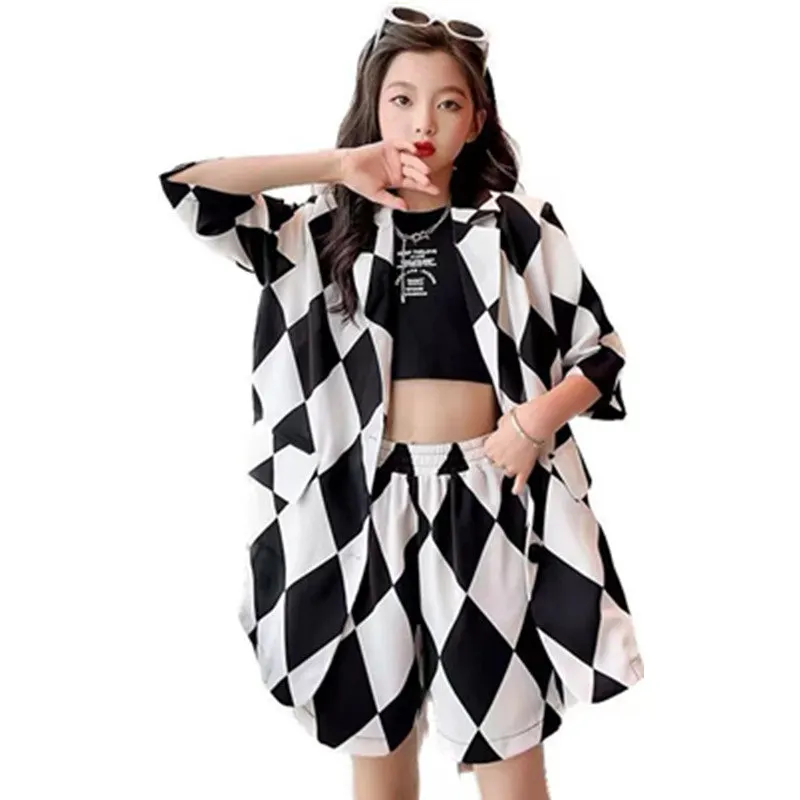 Suit for Girls for Summer Black White Plaid Suit Blazer Jacket + Shorts 2PCS England Style Cool Children Clothing Sets 10 12 14Y
Suit for Girls for Summer Black White Plaid Suit Blazer Jacket + Shorts 2PCS England Style Cool Children Clothing Sets 10 12 14Y