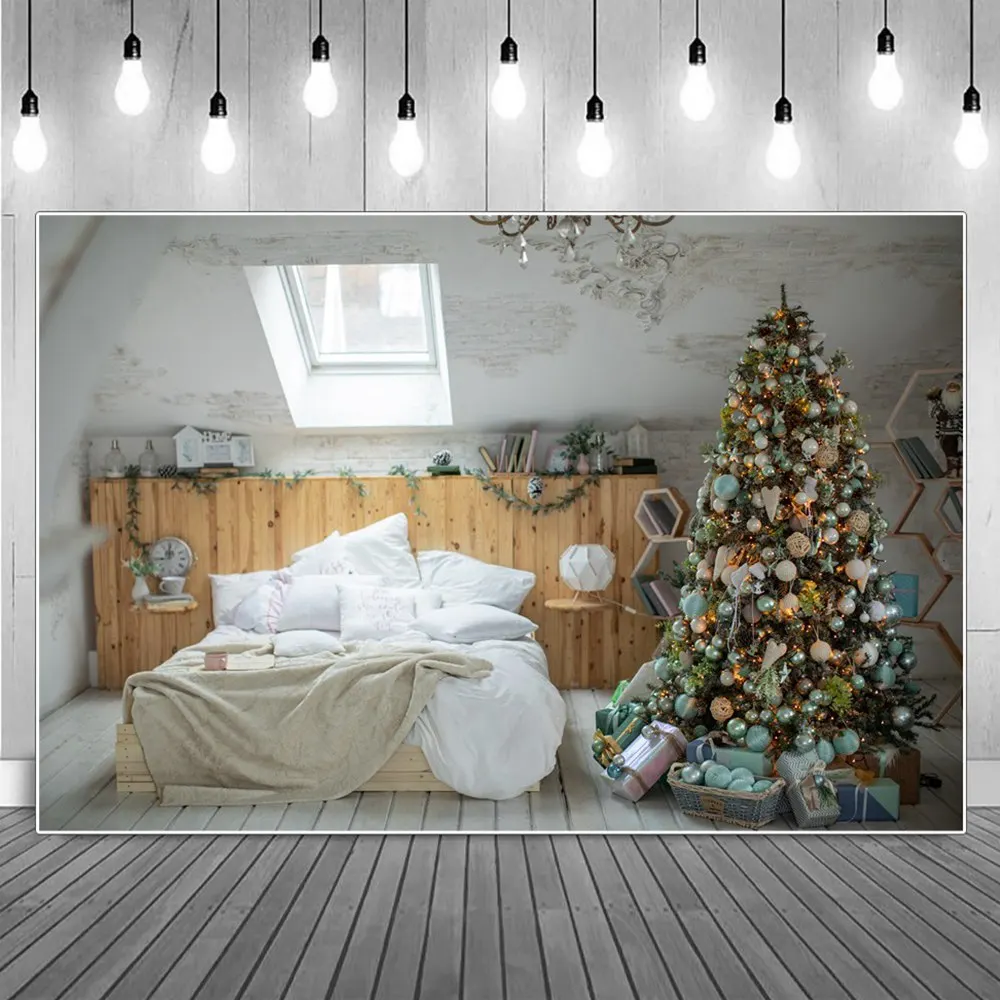 Attic Bedroom Christmas Trees Skylight Photography Backdrop Boys Wooden Headboard Boxes Lamps Clock Decoration Photo Backgrounds
Attic Bedroom Christmas Trees Skylight Photography Backdrop Boys Wooden Headboard Boxes Lamps Clock Decoration Photo Backgrounds