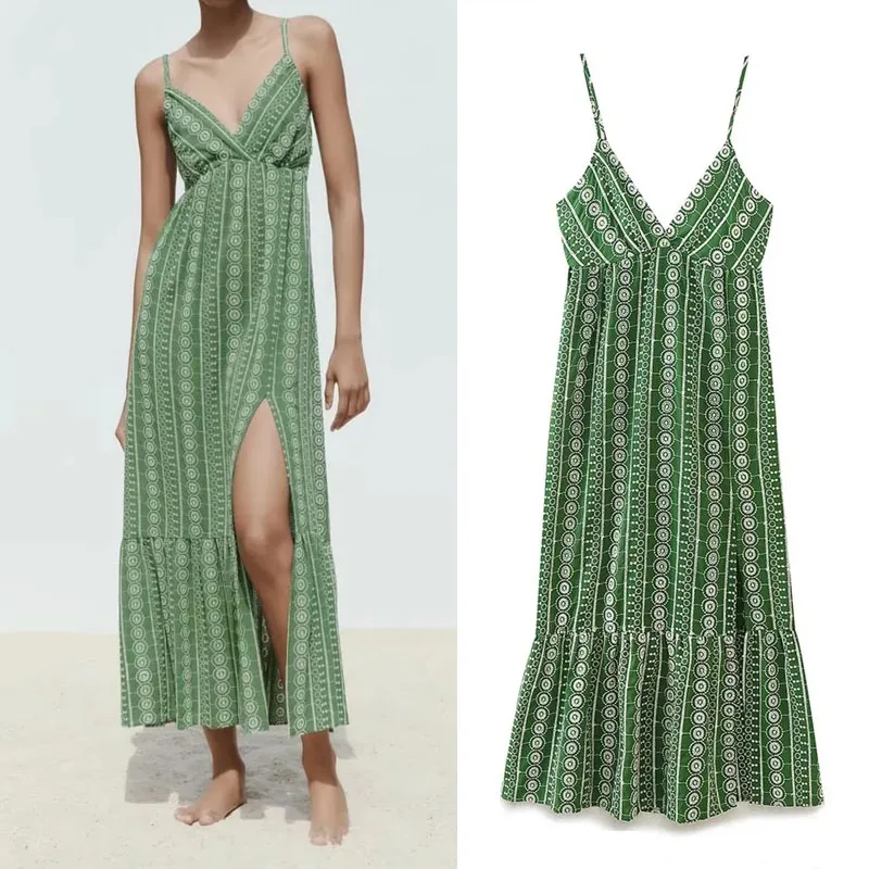 

TRAF Green Dresses For Women 2023 V-Neck Openwork Fashion Long Midi Dress Thin Straps Elastic Back Slim Female Dresses For Prom