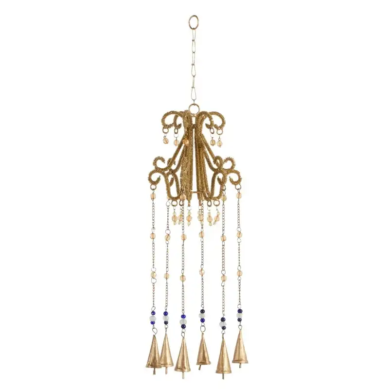 

Gold Metal Indoor Outdoor Embellished Chandelier Windchime with Glass Beads and Cone Bells