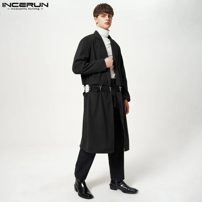 

Handsome All-match Tops INCERUN New Men's Solid Chain Splicing Cardigan Trench Autumn Wnter Medium Long Loose Coats S-5XL 2023