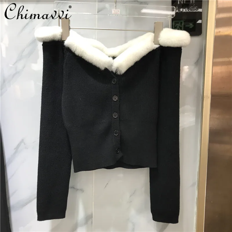 Rabbit Plush Patchwork Sweater Cardigan Coat Women's 2022 Winter New Fashion Strapless Sexy Slimming Long Sleeved Knitted Top
Rabbit Plush Patchwork Sweater Cardigan Coat Women's 2022 Winter New Fashion Strapless Sexy Slimming Long Sleeved Knitted Top