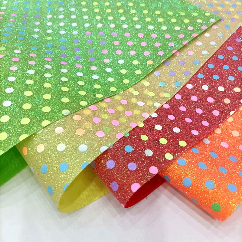 Colorful Polka Dot Printed Shiny Fine Glitter Faux Leather Fabric Sheet Material for Shoe/Bag/Hair bow/Headband/Craft
Colorful Polka Dot Printed Shiny Fine Glitter Faux Leather Fabric Sheet Material for Shoe/Bag/Hair bow/Headband/Craft