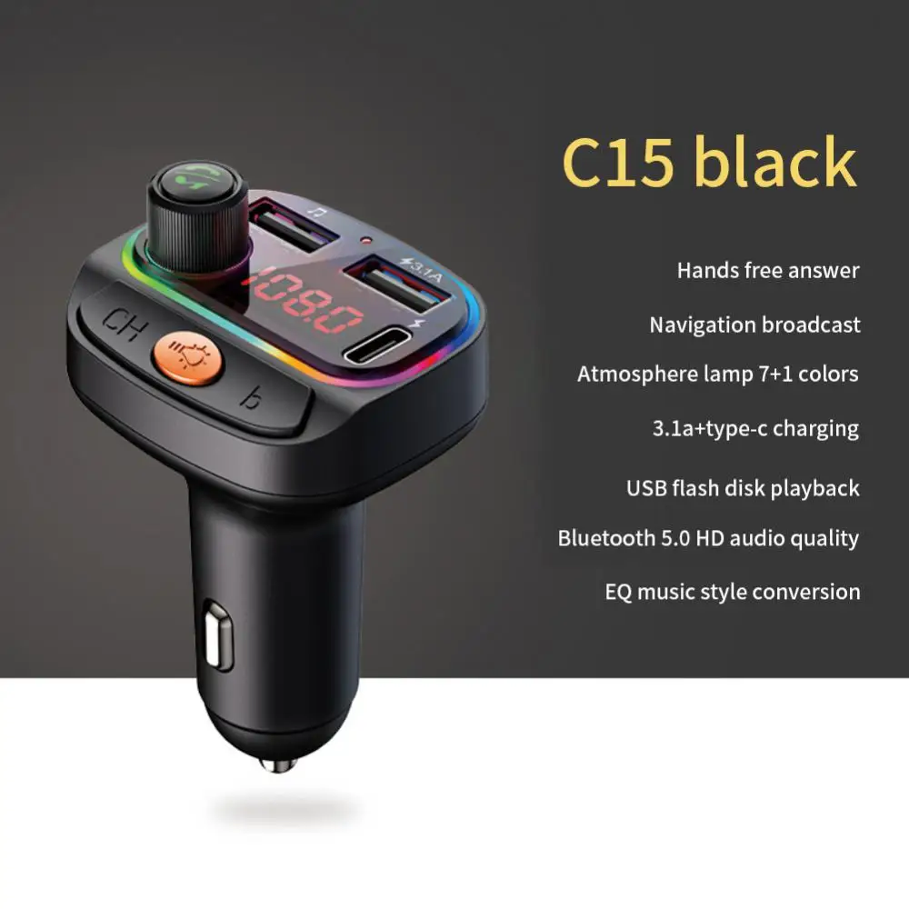 C15 Car Bluetooth-compatible FM Transmitter Dual USB Tape-C Car Charger Colorful Lights Car MP3 Player Handfree Audio Receiver
C15 Car Bluetooth-compatible FM Transmitter Dual USB Tape-C Car Charger Colorful Lights Car MP3 Player Handfree Audio Receiver