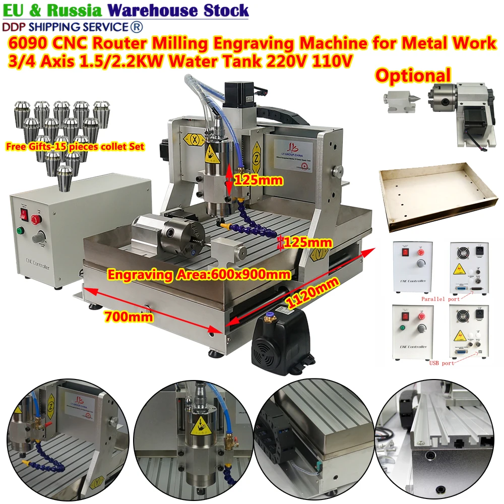 

6090 CNC Router Machine 9060 Metal Wood Work Milling Engraver 4 Axis 1.5/2.2KW Spindle Carving Device with Water Tank Free Gifts