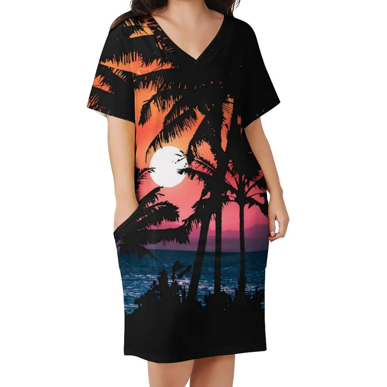 

Summer Palm Trees Dress Women Tropical Sunset Street Fashion Casual Dress Summer V Neck Trendy Oversized Dresses Gift