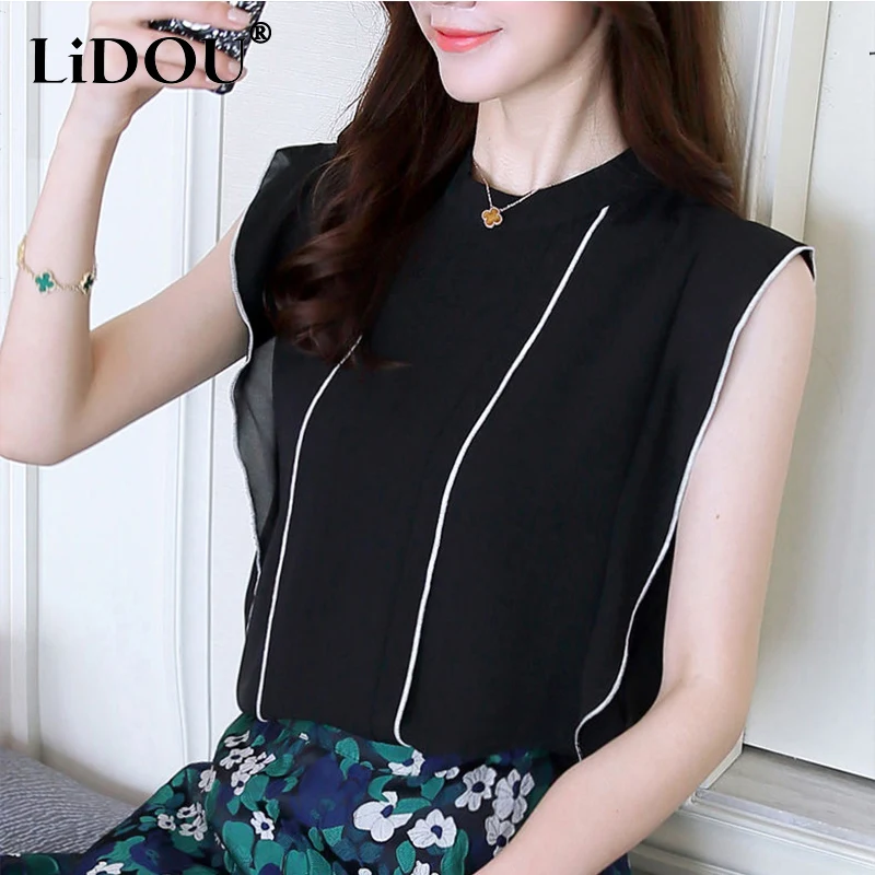Summer Shirt Women Fashion Ruffles Sleeveless Chiffon Blouse Elegant Office Lady Stand Collar Pullover Vintage Tops Female
Summer Shirt Women Fashion Ruffles Sleeveless Chiffon Blouse Elegant Office Lady Stand Collar Pullover Vintage Tops Female