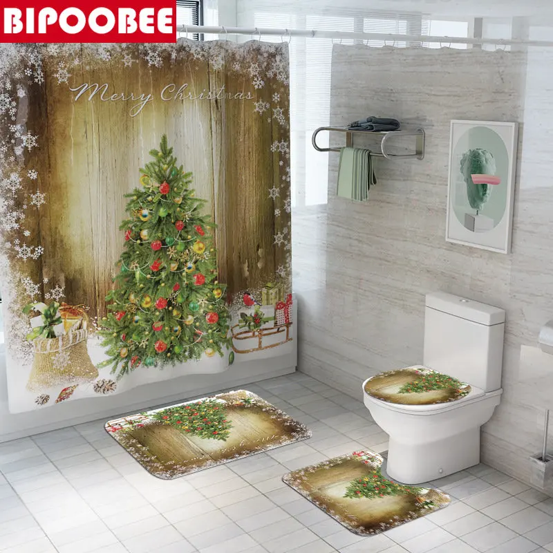 

Merry Christmas Tree Shower Curtain Bathroom Curtains Set Snowflake Bath Mats Toilet Cover Lid Non-slip Rugs Carpet Party Decor