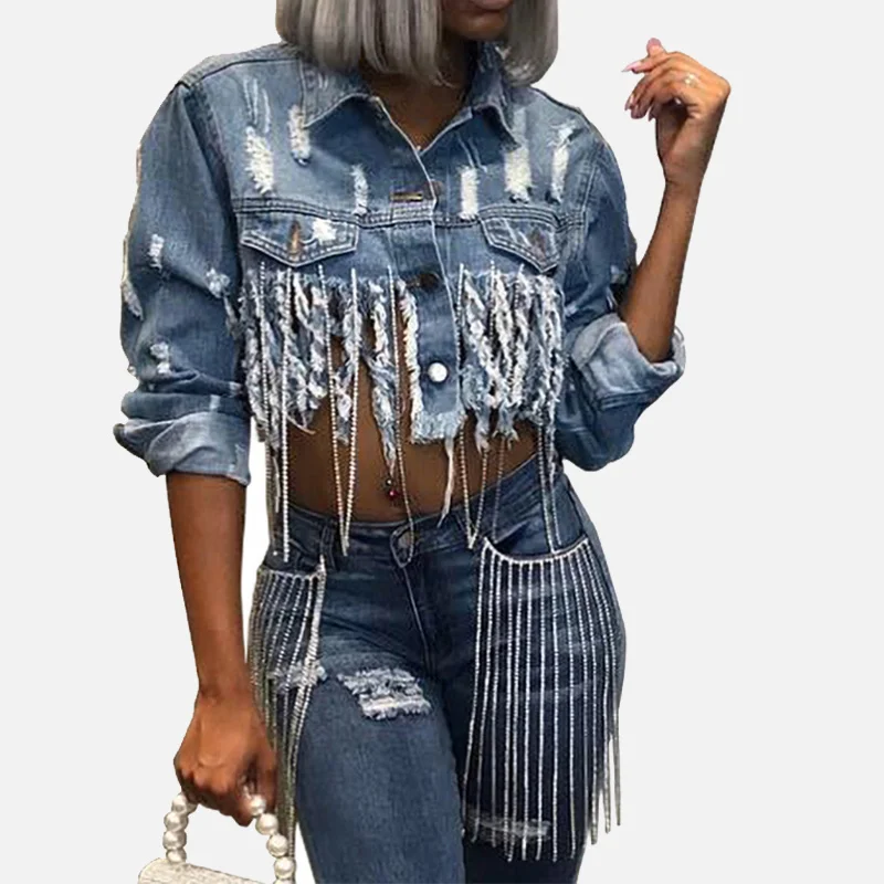 Tassel Ripped Cropped Jean Jacket Women Autumn Vintage Chain Long Sleeve Denim Jacket Streetwear Short Denim Coat Female Outwear
Tassel Ripped Cropped Jean Jacket Women Autumn Vintage Chain Long Sleeve Denim Jacket Streetwear Short Denim Coat Female Outwear