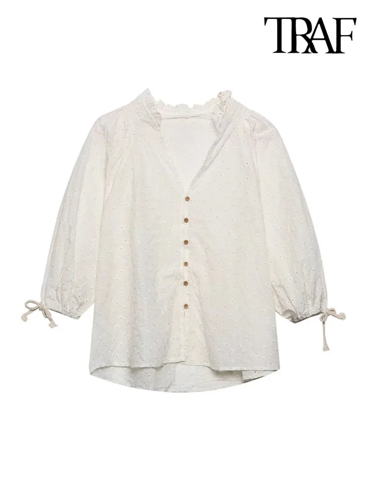 TRAF Women Fashion With Tied Cutwork Embroidery Blouses Vintage Three Quarter Sleeves Front Buttons Female Shirts Chic Tops
TRAF Women Fashion With Tied Cutwork Embroidery Blouses Vintage Three Quarter Sleeves Front Buttons Female Shirts Chic Tops