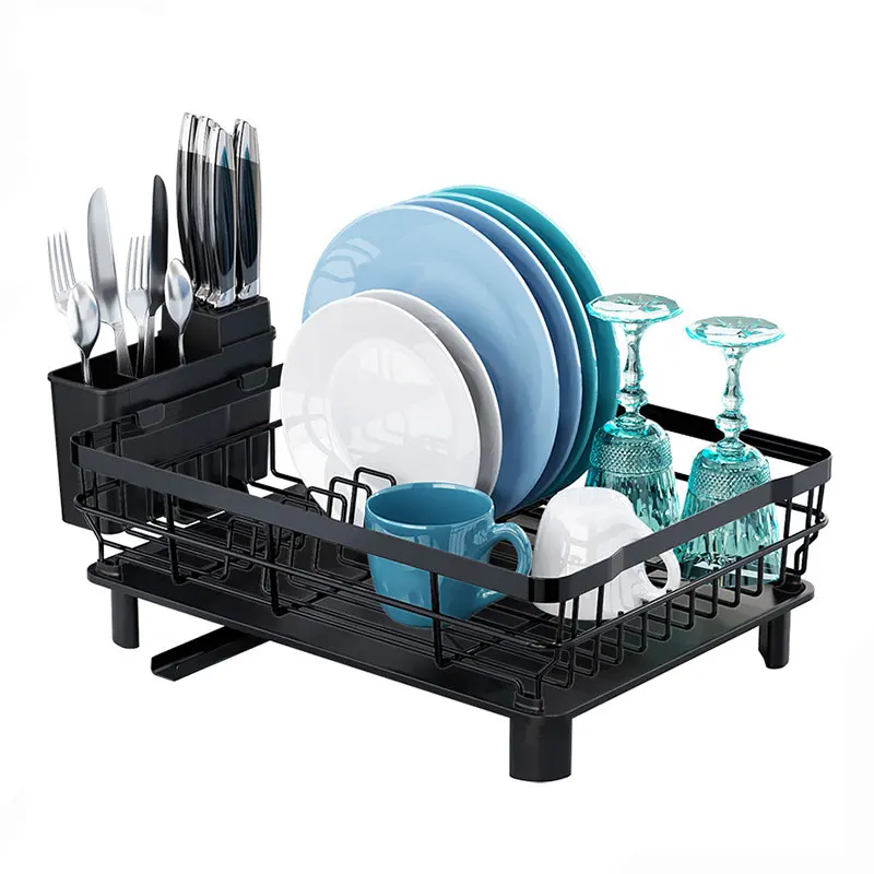 

Adjustable Extendable Dish Rack, Dual Part Dish Drainers with Non-Scratch and Movable Cutlery Drainer and Drainage Spout