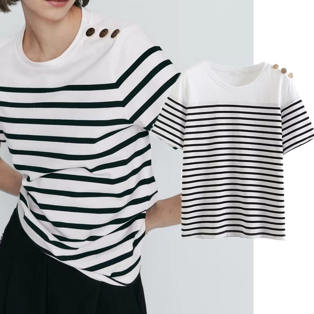 

Elmsk British Fashion Simple Striped Button Decoration Round Neck Summer T-shirt Casual Commuting Basic Top Women