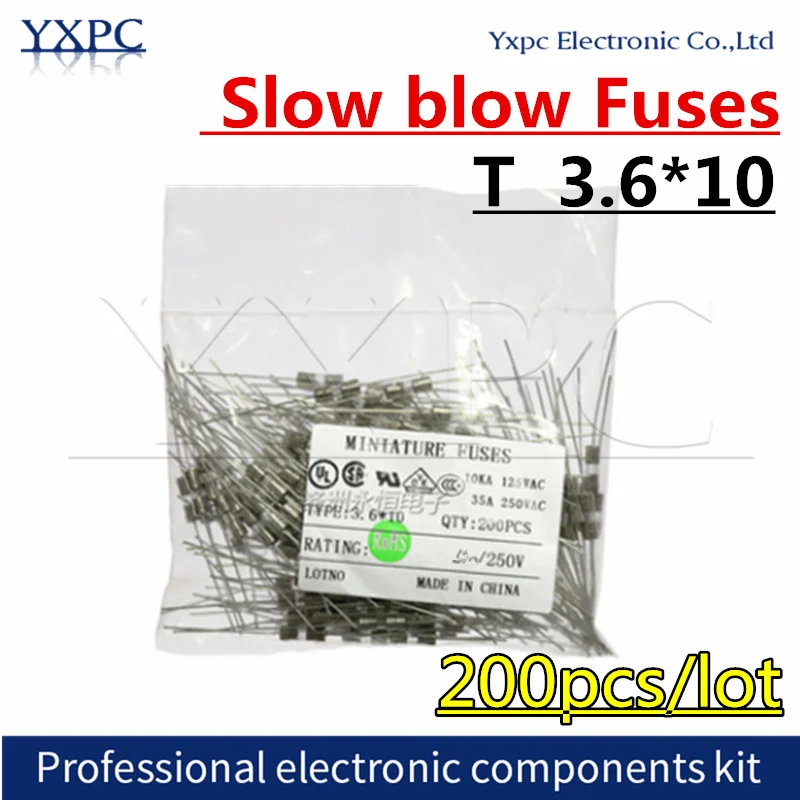 

200pcs 3.6*10 Glass fuse Slow blow Fuses Tube with pin 250V 3.6x10mm T0.5A 1A 1.6A 2A 2.5A 3A 3.15A 4A 5A 6A 6.3A 8A 10A 15A