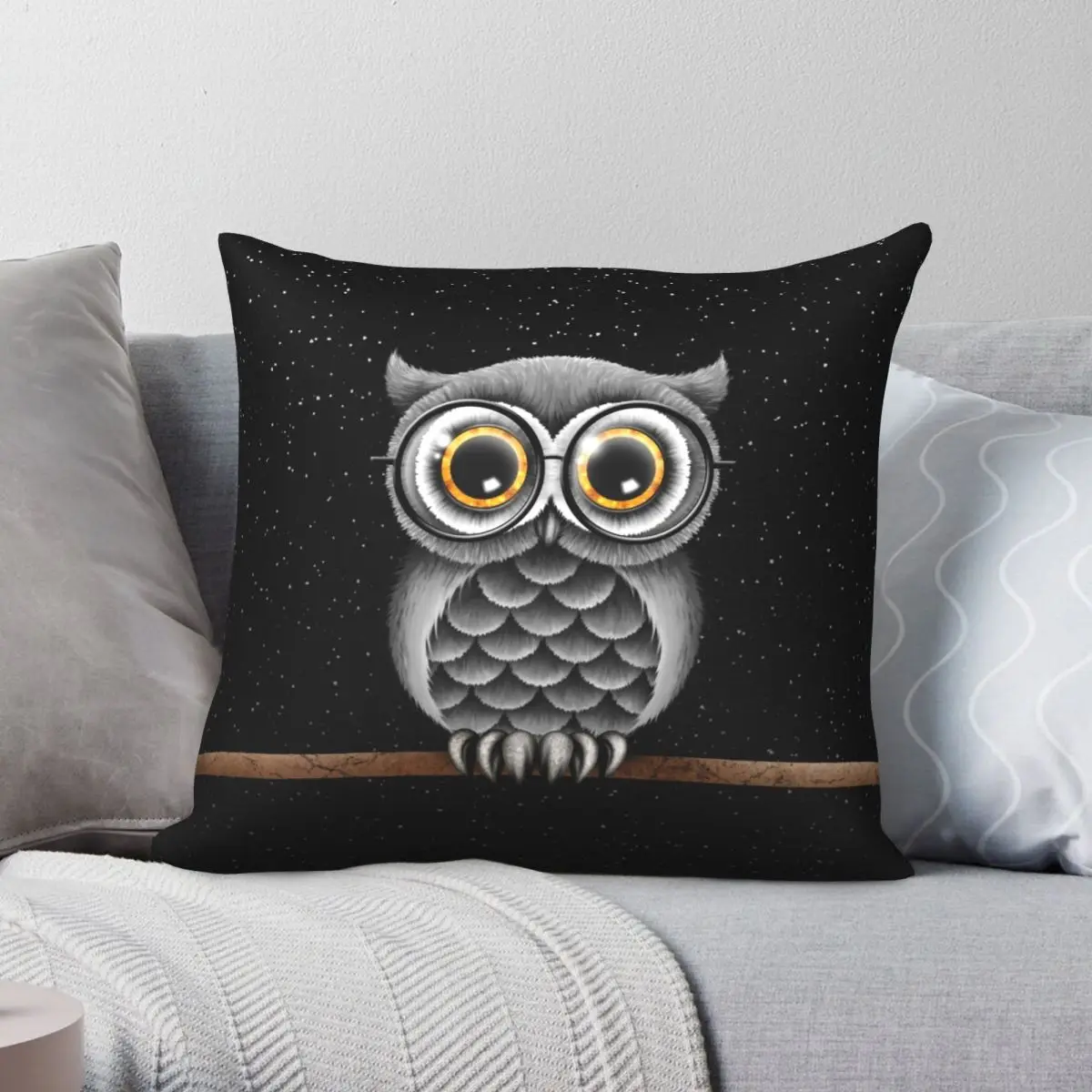 

Cute Fluffy Gray Owl Glasses Pillowcase Polyester Linen Velvet Printed Zip Decor Pillow Case Home Cushion Cover 18"