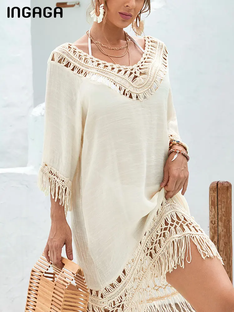 INGAGA Beige Beach Cover Up V-neck Swimsuit Sexy Hollow Out Beach Dress Tassel Swimwear Women 2022 New Long Sleeve Bathing Suit 
INGAGA Beige Beach Cover Up V-neck Swimsuit Sexy Hollow Out Beach Dress Tassel Swimwear Women 2022 New Long Sleeve Bathing Suit