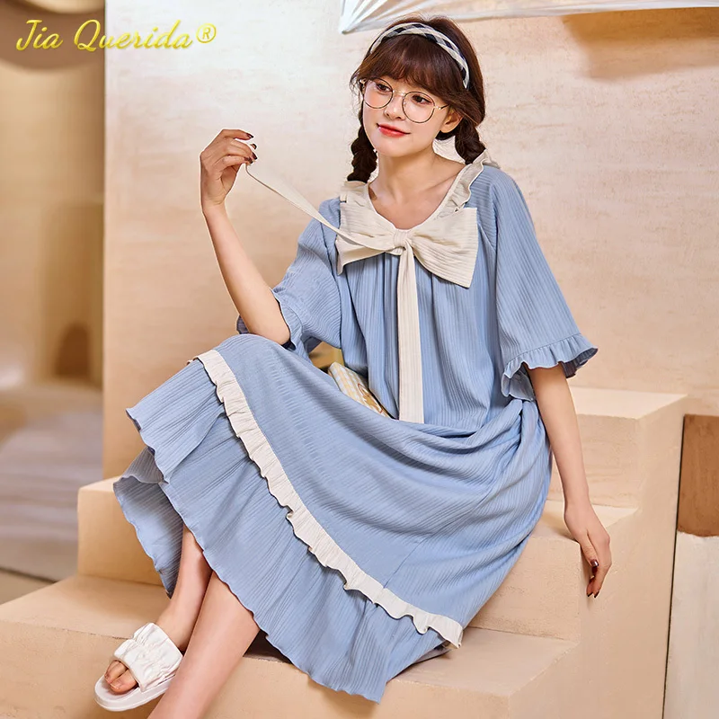 New Summer Fashion Nightgown Knitted Cotton Blue Kawaii Bow Ornament Women's Nightdress Casual Dress Princess Style Homedress
New Summer Fashion Nightgown Knitted Cotton Blue Kawaii Bow Ornament Women's Nightdress Casual Dress Princess Style Homedress