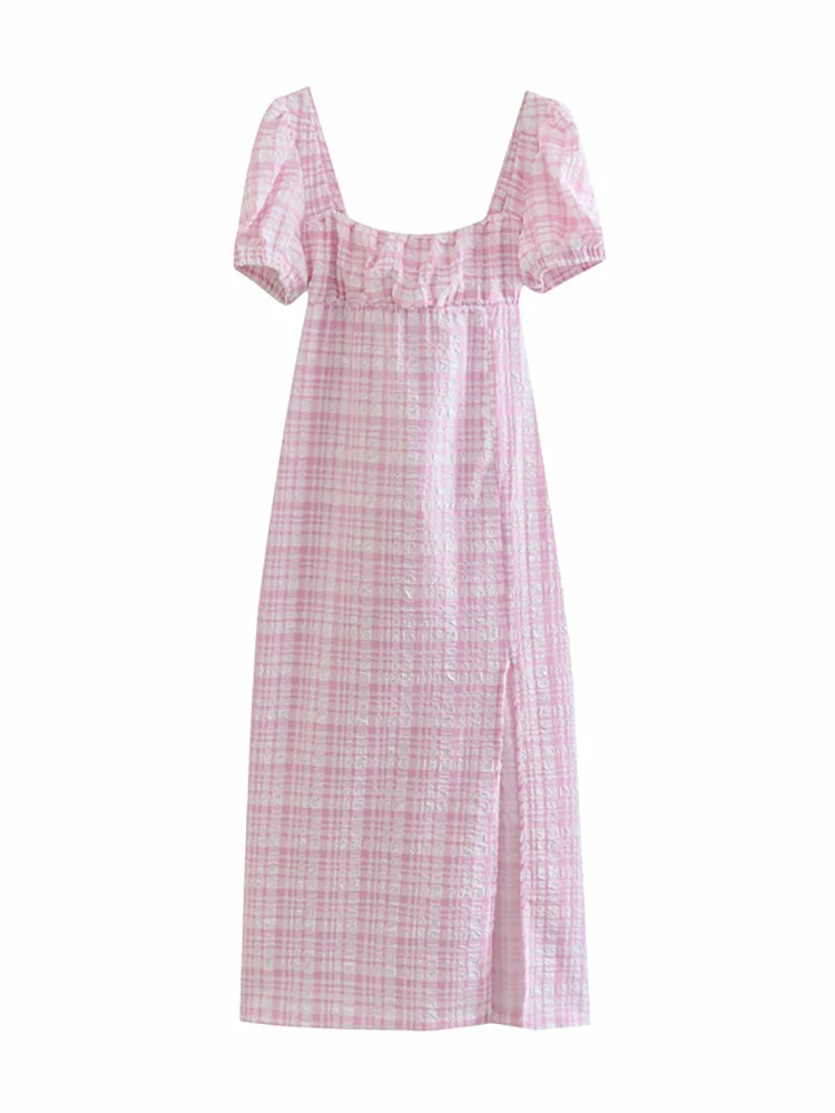 Women Dresses Elegant Square Neck Short Puff Sleeve Textured Midi Dress With Slit Open Back Lace Up Checked Casual Summer Dress
Women Dresses Elegant Square Neck Short Puff Sleeve Textured Midi Dress With Slit Open Back Lace Up Checked Casual Summer Dress