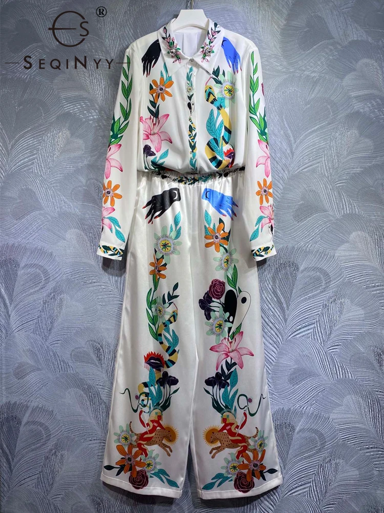SEQINYY White Casual Set Summer Spring New Fashion Design Women Runway High Street Bead Shirt + Elastic Waist Pants Flower Print 
SEQINYY White Casual Set Summer Spring New Fashion Design Women Runway High Street Bead Shirt + Elastic Waist Pants Flower Print