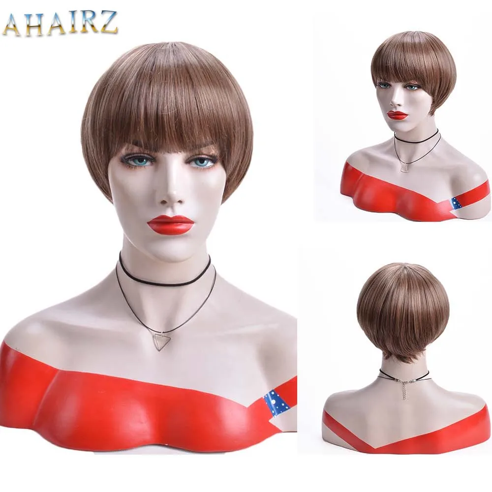 

AHAIRZ Short Straight Synthetic Hair Mix Brown Blonde Pixie Cut Ombre Women's Wig Shaggy Layered Natural Female Hair