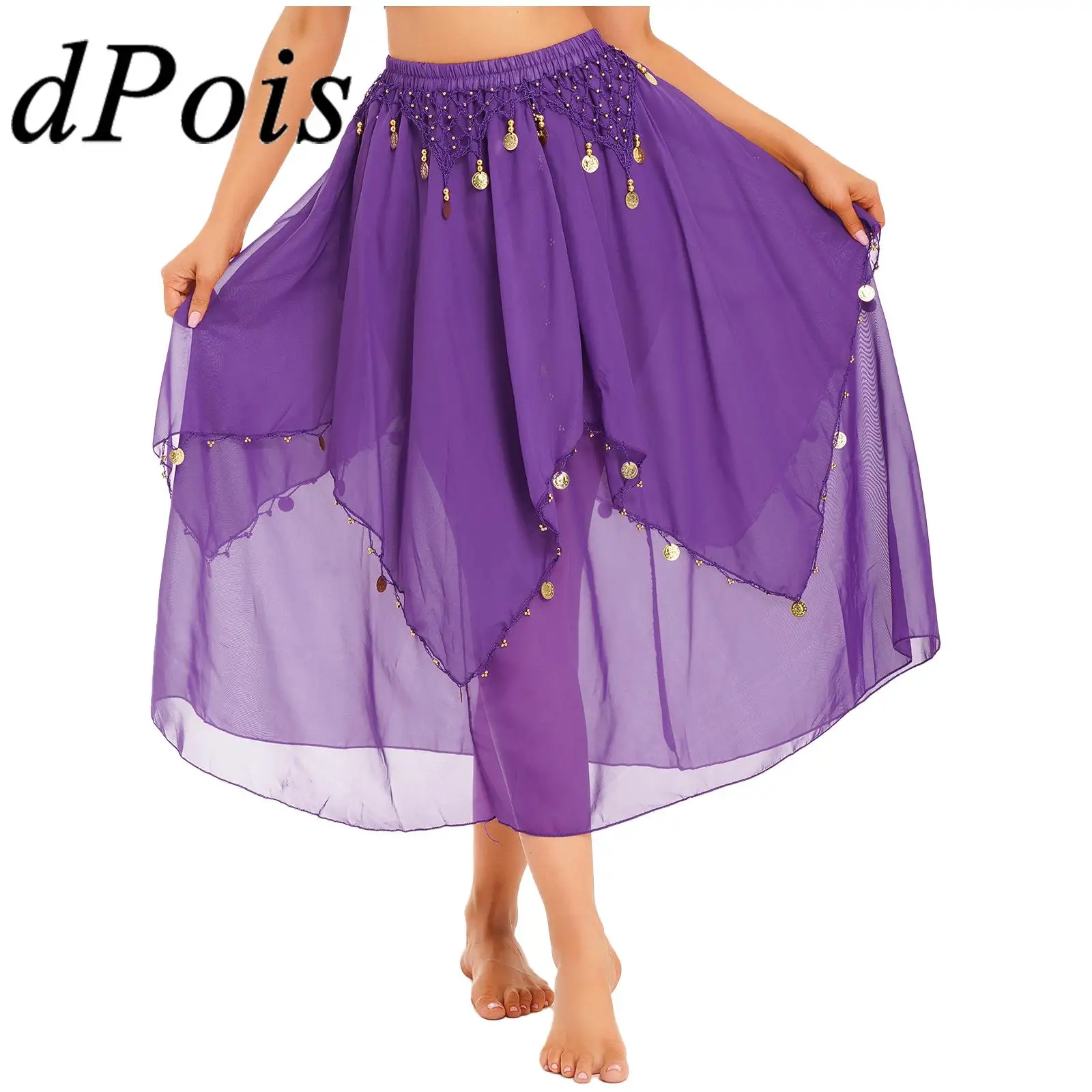 

Женский костюм для танца живота, шифоновая юбка с блестками и бусинами, Блестящий эластичный пояс, Яркая юбка для танца живота