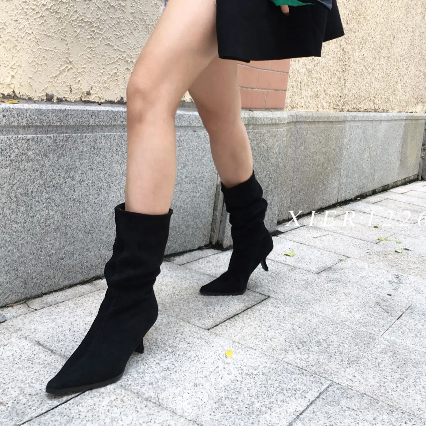 

Pointed Toe Women Mid Calf Booties Flock Fashion Party Pumps Thin Mid Heels Shallow Slip On Winter Chelsea Booties Shoes Woman