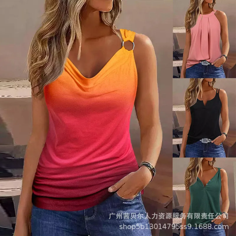 

Wepbel Gradient Pleated Tank Top Women Summer Hollow-out Vertical Collar Vest Sleeveless V-neck Loose Ombre O-Ring Decor Tanks