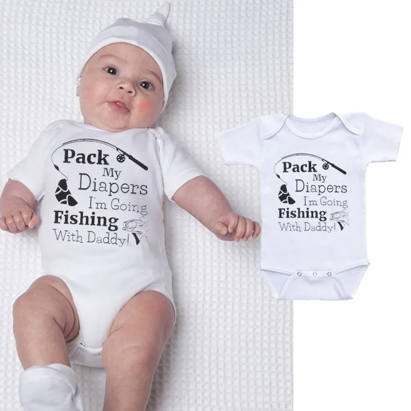 

Infant Baby Girl Boy Pack My Diapers I'm Going Fishing with Daddy Short Sleeve Baby One Piece Bodysuit
