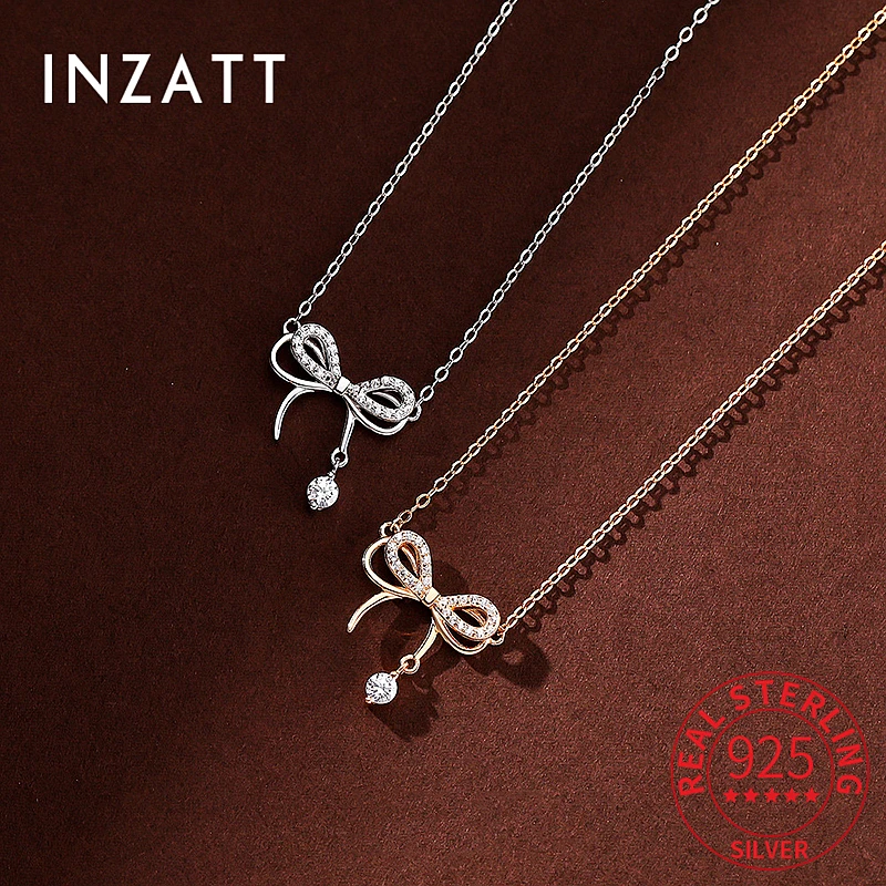 

INZATT Real 925 Sterling Silver Zircon Bowknot Pendant Choker Necklace for Women Trendy Fine Jewelry Minimalist Accessories