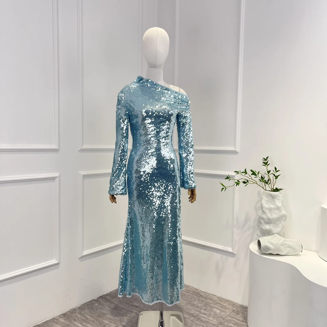 2023 New Arrivals Top Quality Elegant Light Blue Shining Sequins Bodycon Inclined Shoulder Midi Dress for Party
2023 New Arrivals Top Quality Elegant Light Blue Shining Sequins Bodycon Inclined Shoulder Midi Dress for Party
