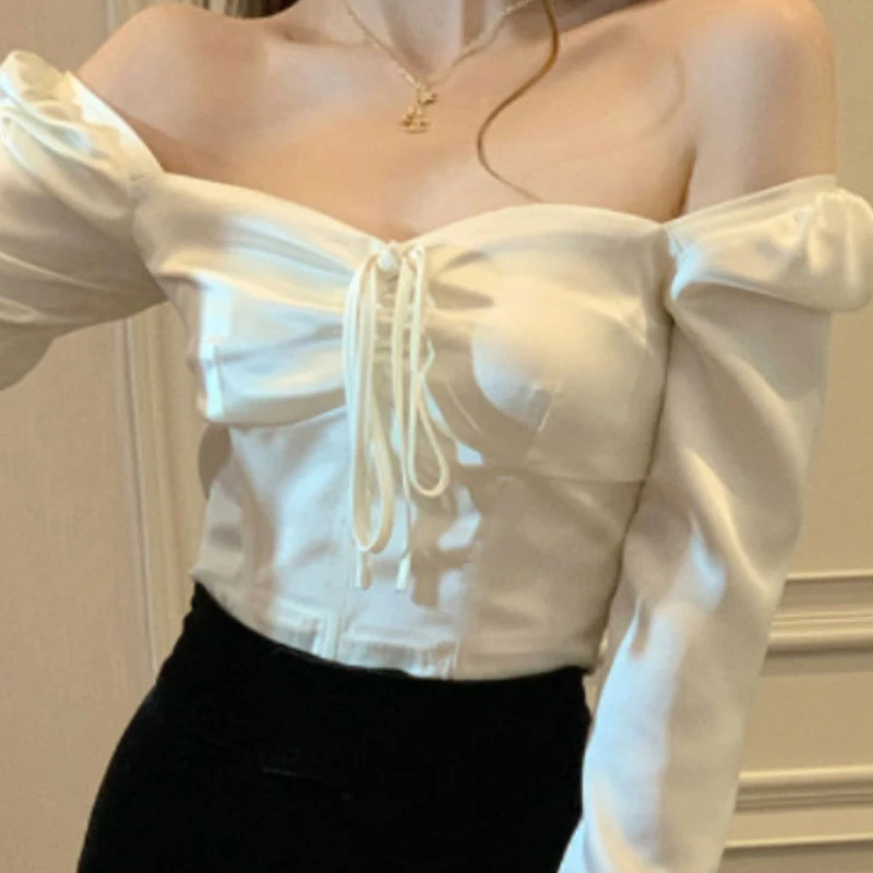 

Slash Neck Blouses Women Lace Elegant Streetwear Flare Sleeve Spring Hotsweet Simple Office Ladies Casual Vintage Korean Style